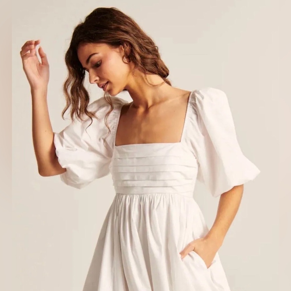 Abercrombie & Fitch Emerson Poplin Puff Sleeve Ruched Mini Dress White szXS tall - Picture 4 of 12